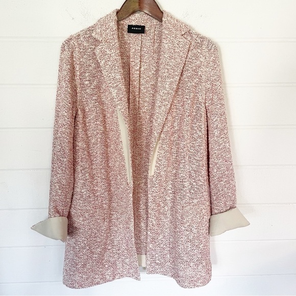 EUC Akris Punto Light Open Front Red White Speckled Textured Weave Blazer Sz 10